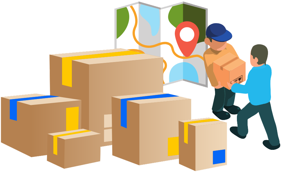 Imagem ilustrativa: caixas de encomenda, entregadores e mapas